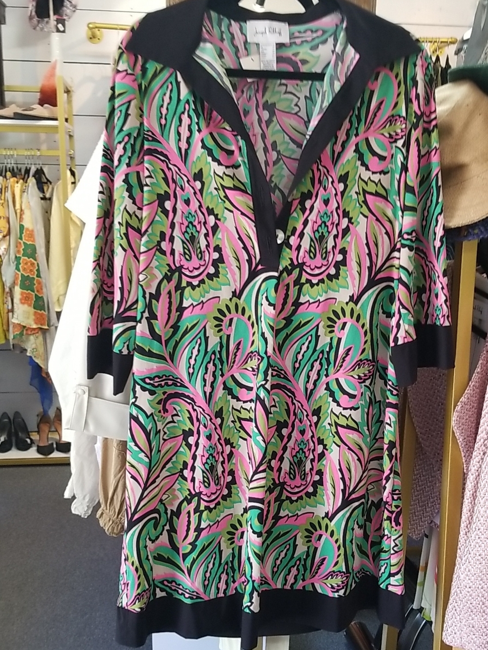 Joseph Ribkoff Pink and Green Paisley Tunic with Black Trim
